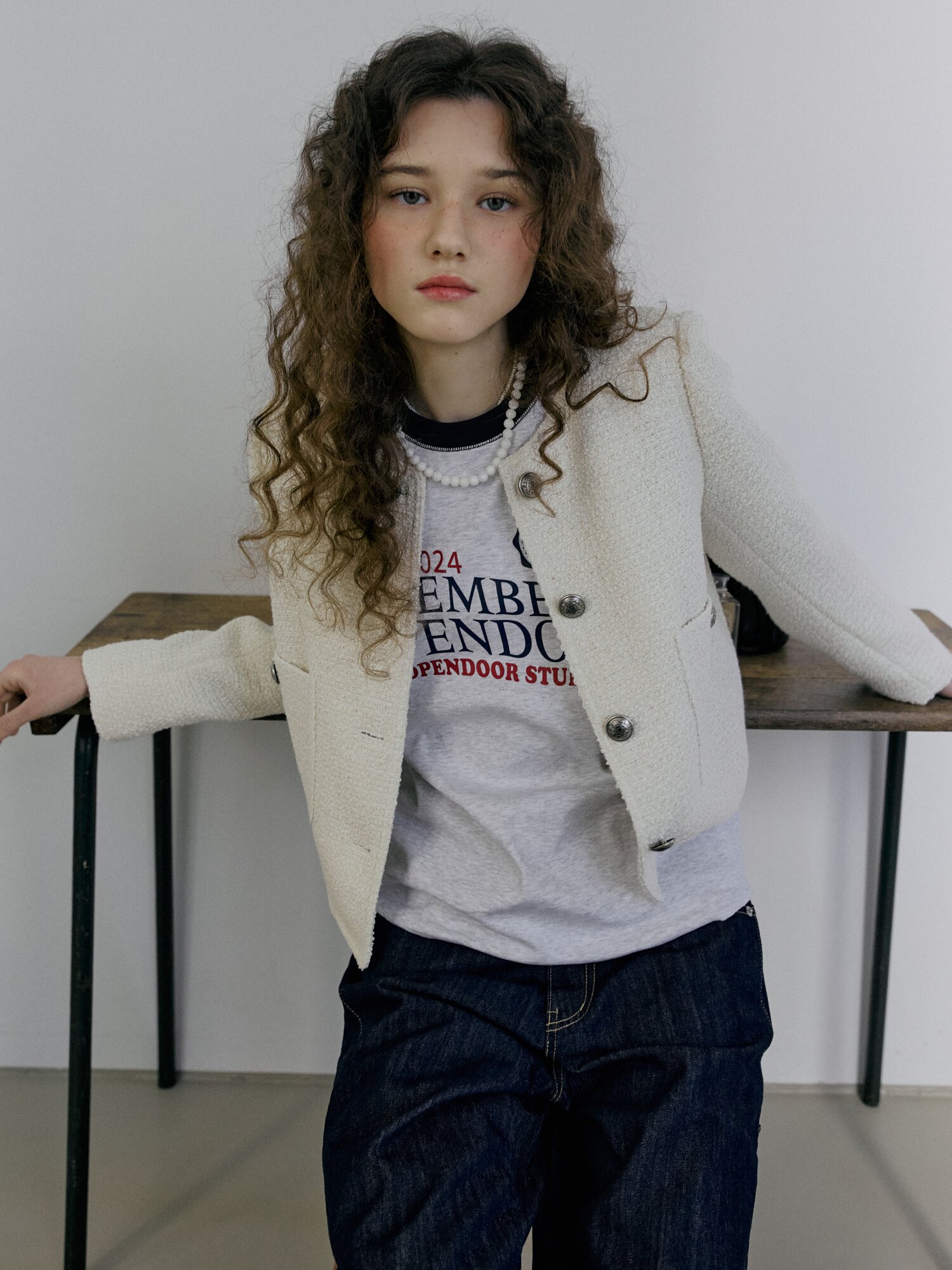 Texture tweed jaket Ivory