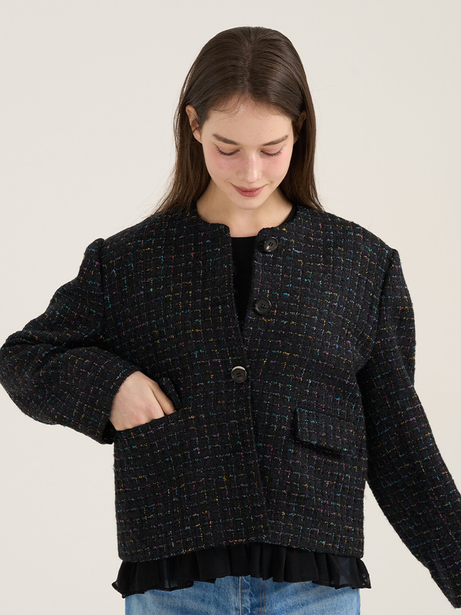 Maestoso Tweed Crop Jacket - Black