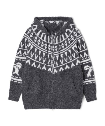 여성 노르딕 패턴 니트 후드 집업 (DK-GREY) (HC2GD51)
