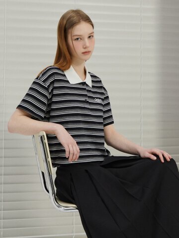 스트라이프 배색 칼라 티셔츠 
