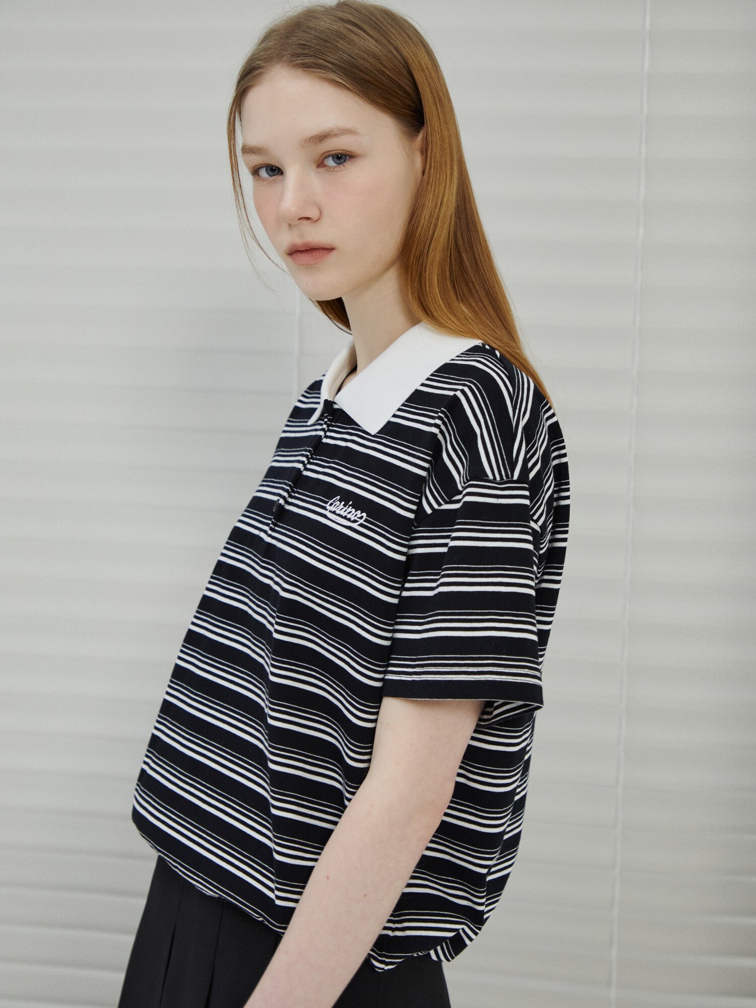 스트라이프 배색 칼라 티셔츠 (STRIPE BLACK)