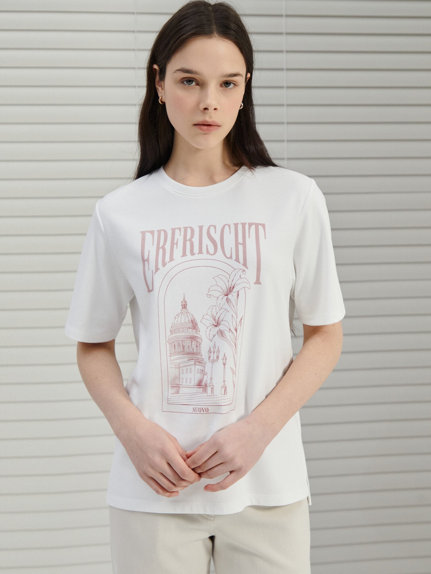 코튼 프린트 하프 슬리브 티셔츠 (WHITE)