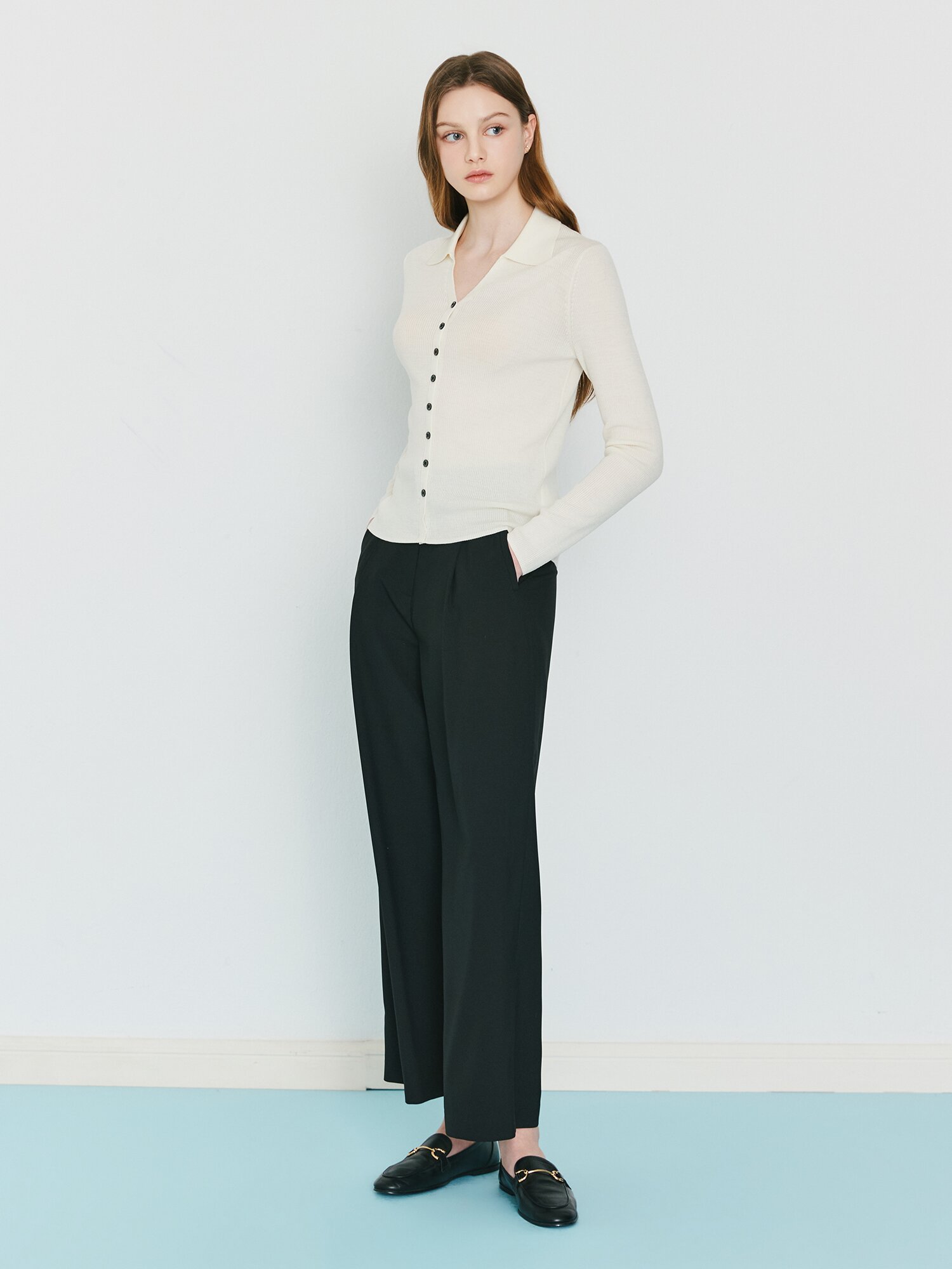 슬림핏 울 브이 칼라 가디건 (IVORY)