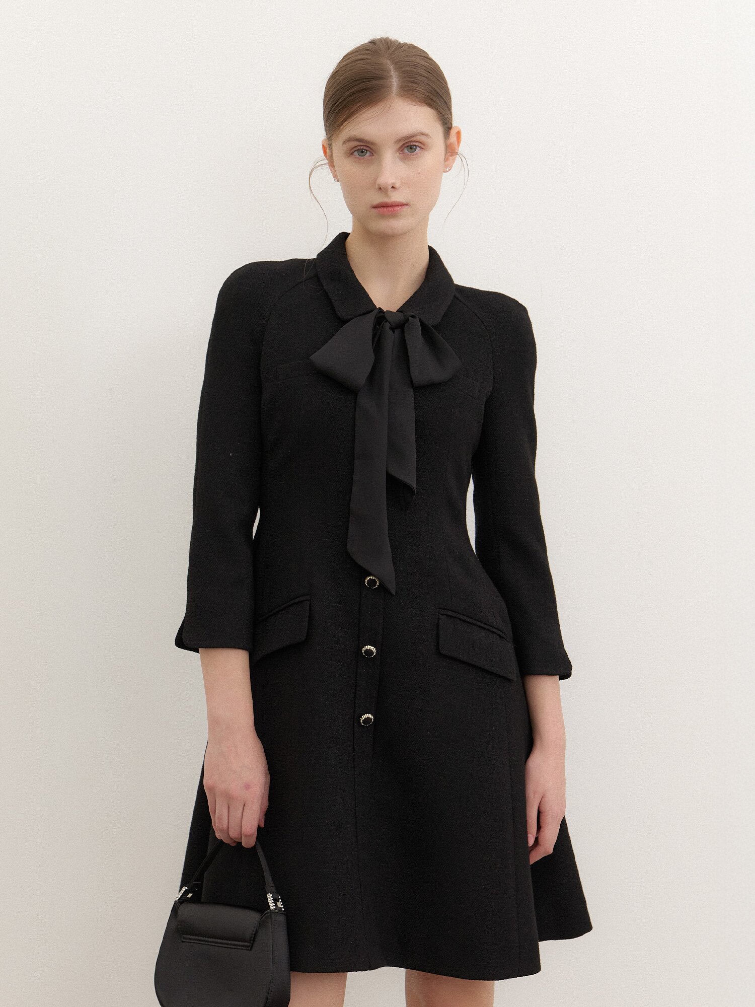 [스카프 제공] Tweed Chiffon-Trim Midi Dress / Black(3Color)