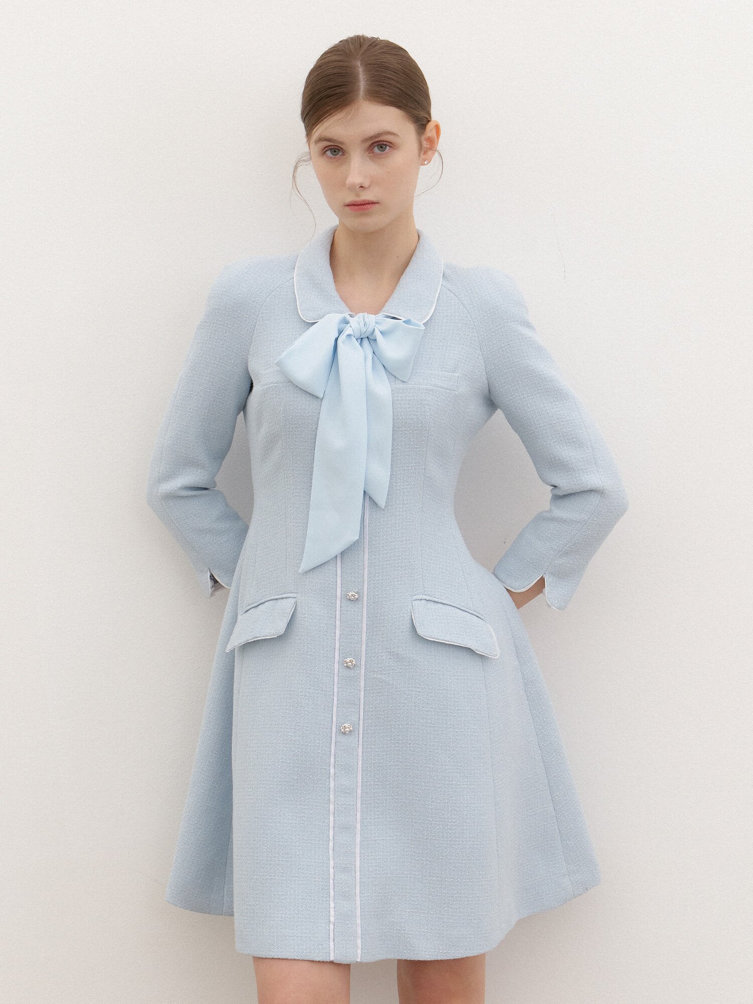 [스카프 제공] Tweed Chiffon-Trim Midi Dress / Blue(3Color)