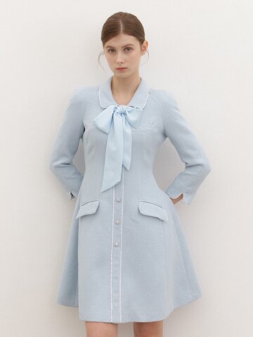 [스카프 제공] Tweed Chiffon-Trim Midi Dress / Blue(3Color)