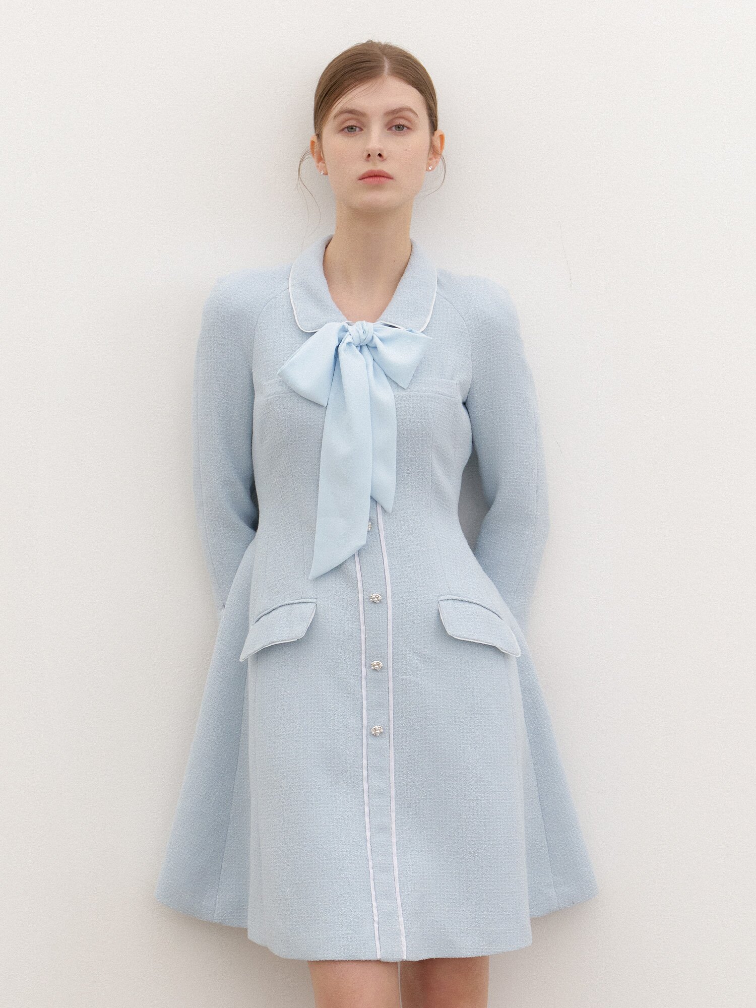 [스카프 제공] Tweed Chiffon-Trim Midi Dress / Blue(3Color)