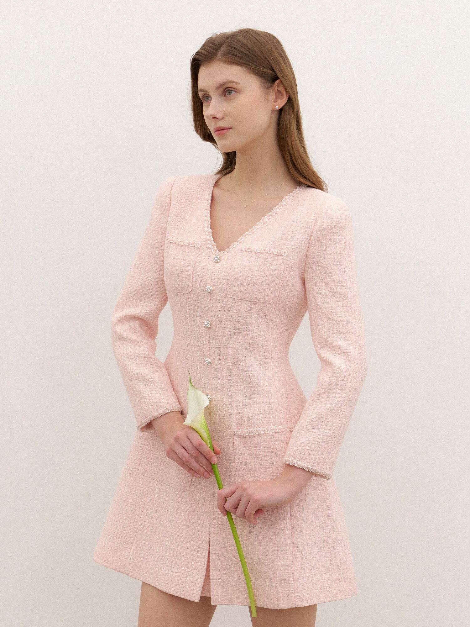 Tweed Pleats Trim Mini-Dress / Pink(3color)