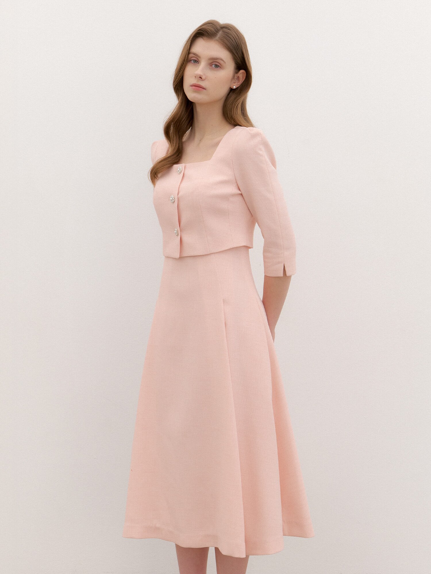 Square-neck 2piece-Style Flare Dress / Pink(4color)