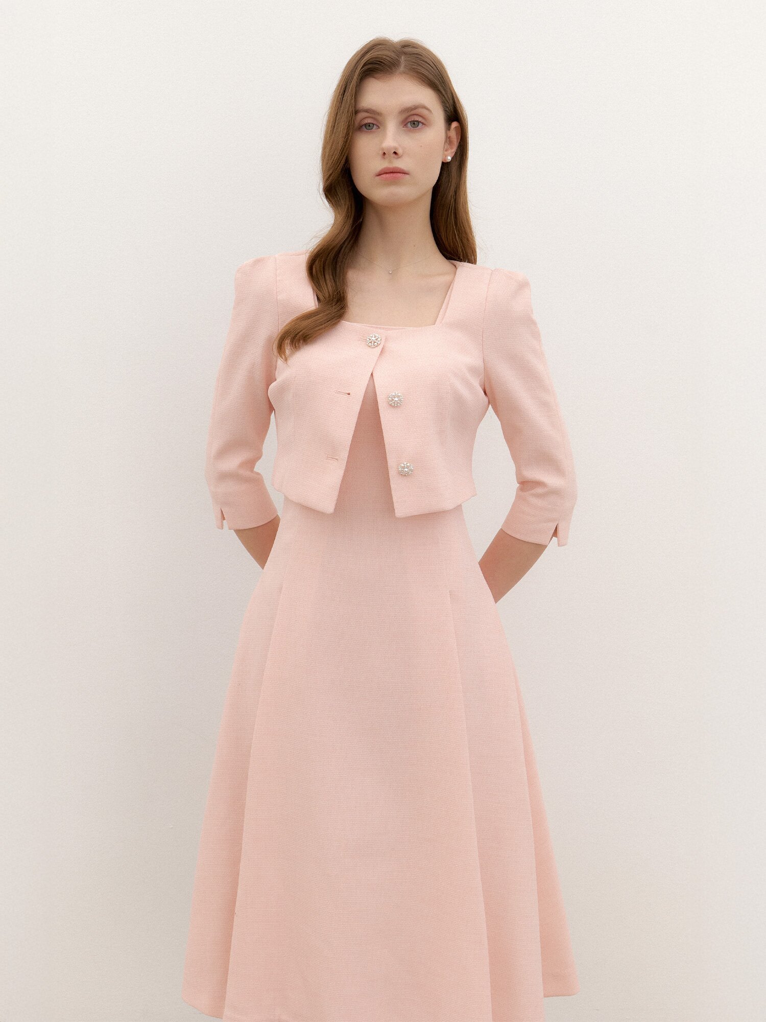 Square-neck 2piece-Style Flare Dress / Pink(4color)
