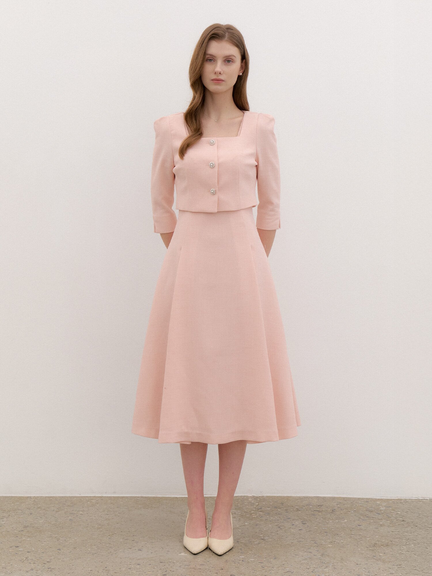 Square-neck 2piece-Style Flare Dress / Pink(4color)