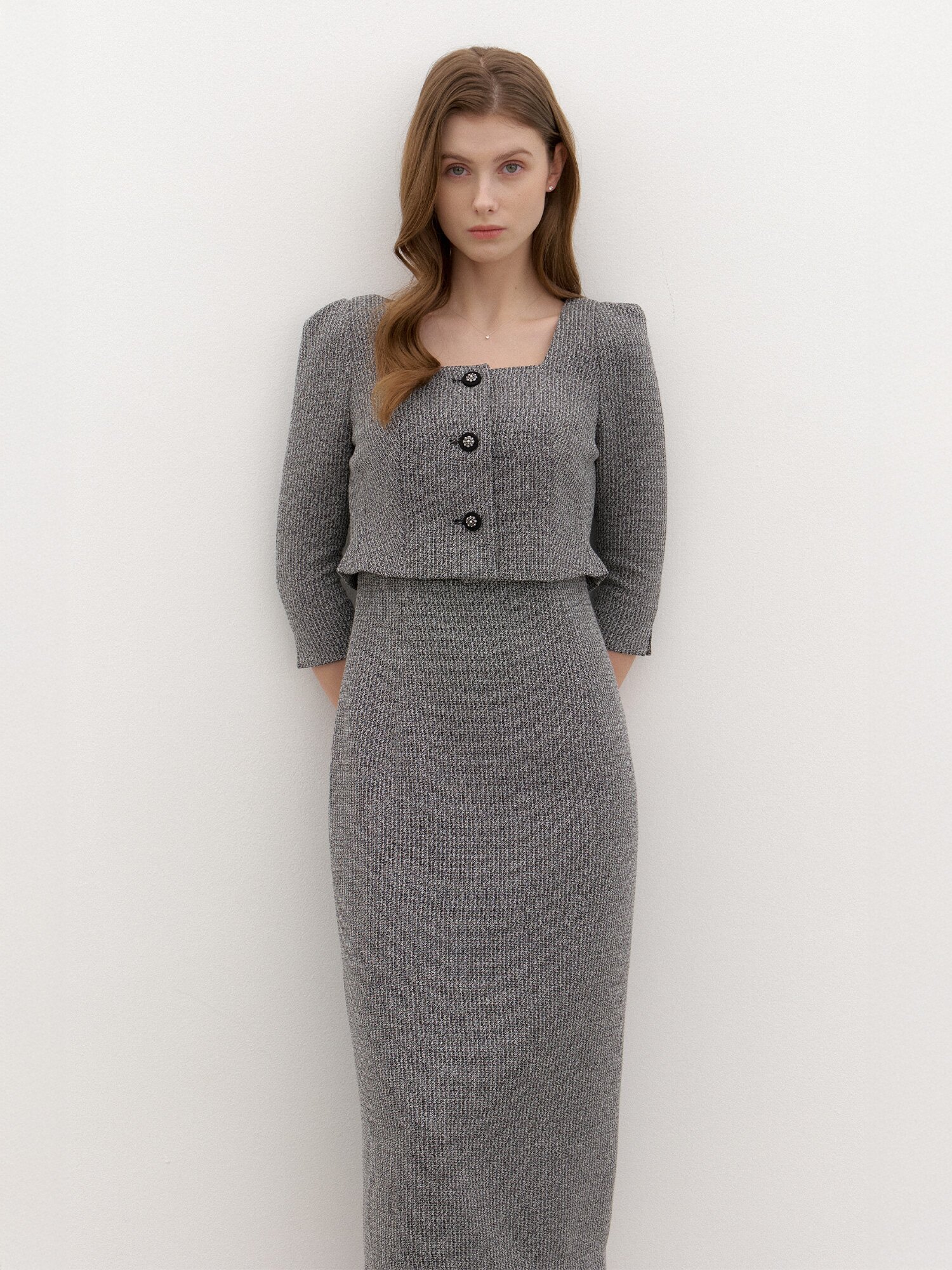 Square-neck 2piece-Style Slim Dress / Check(2Color)