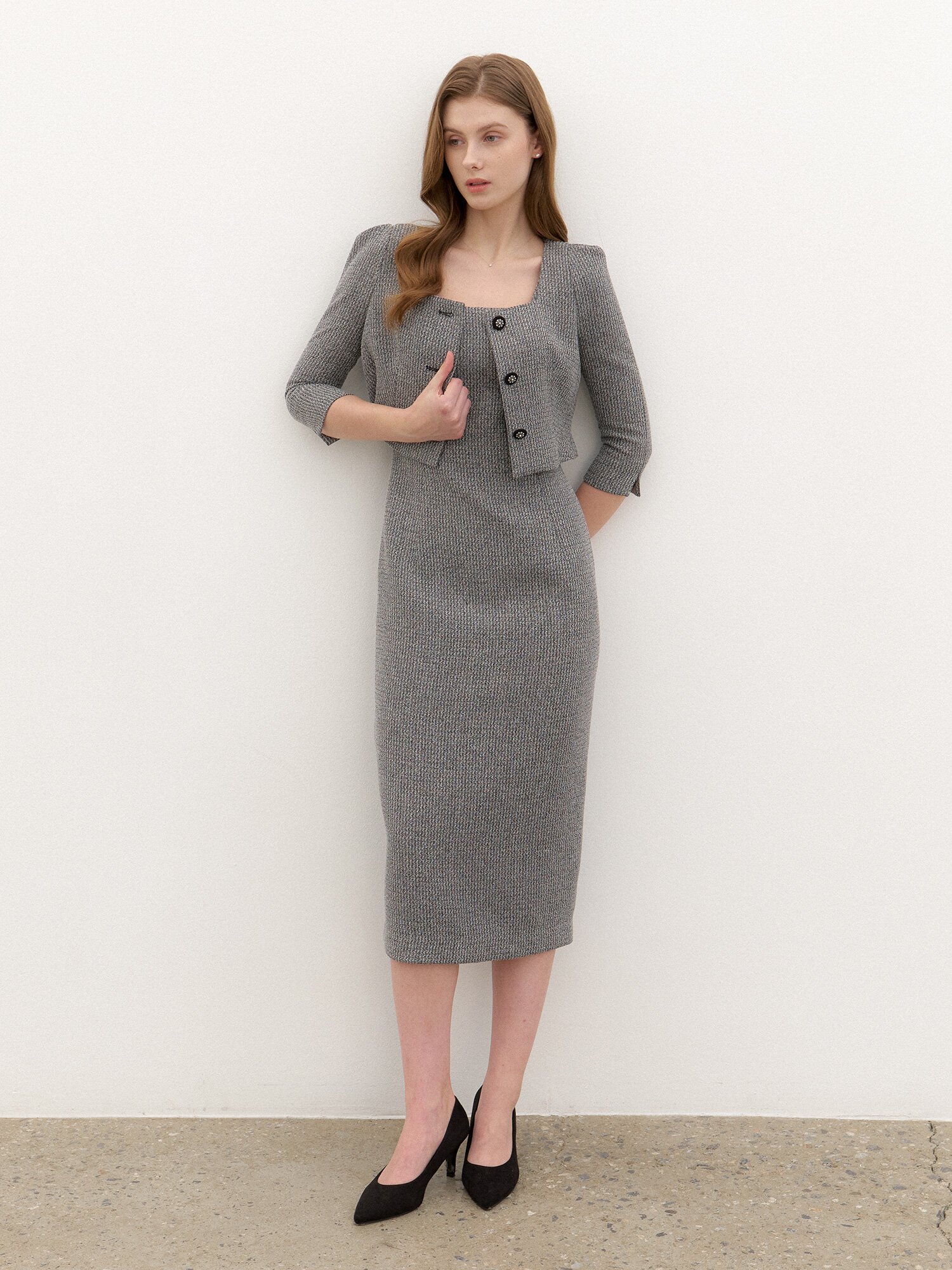 Square-neck 2piece-Style Slim Dress / Check(2Color)