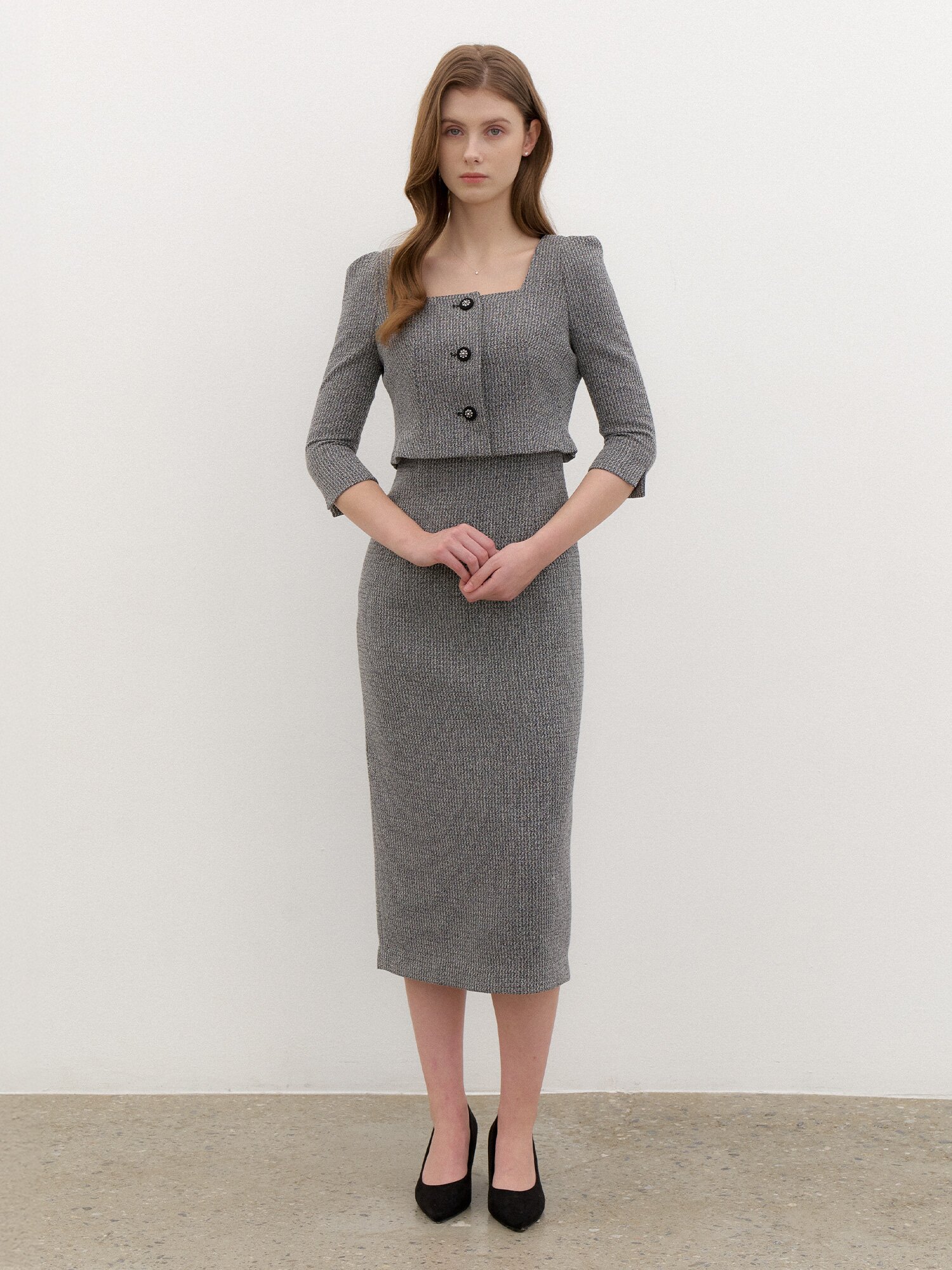 Square-neck 2piece-Style Slim Dress / Check(2Color)