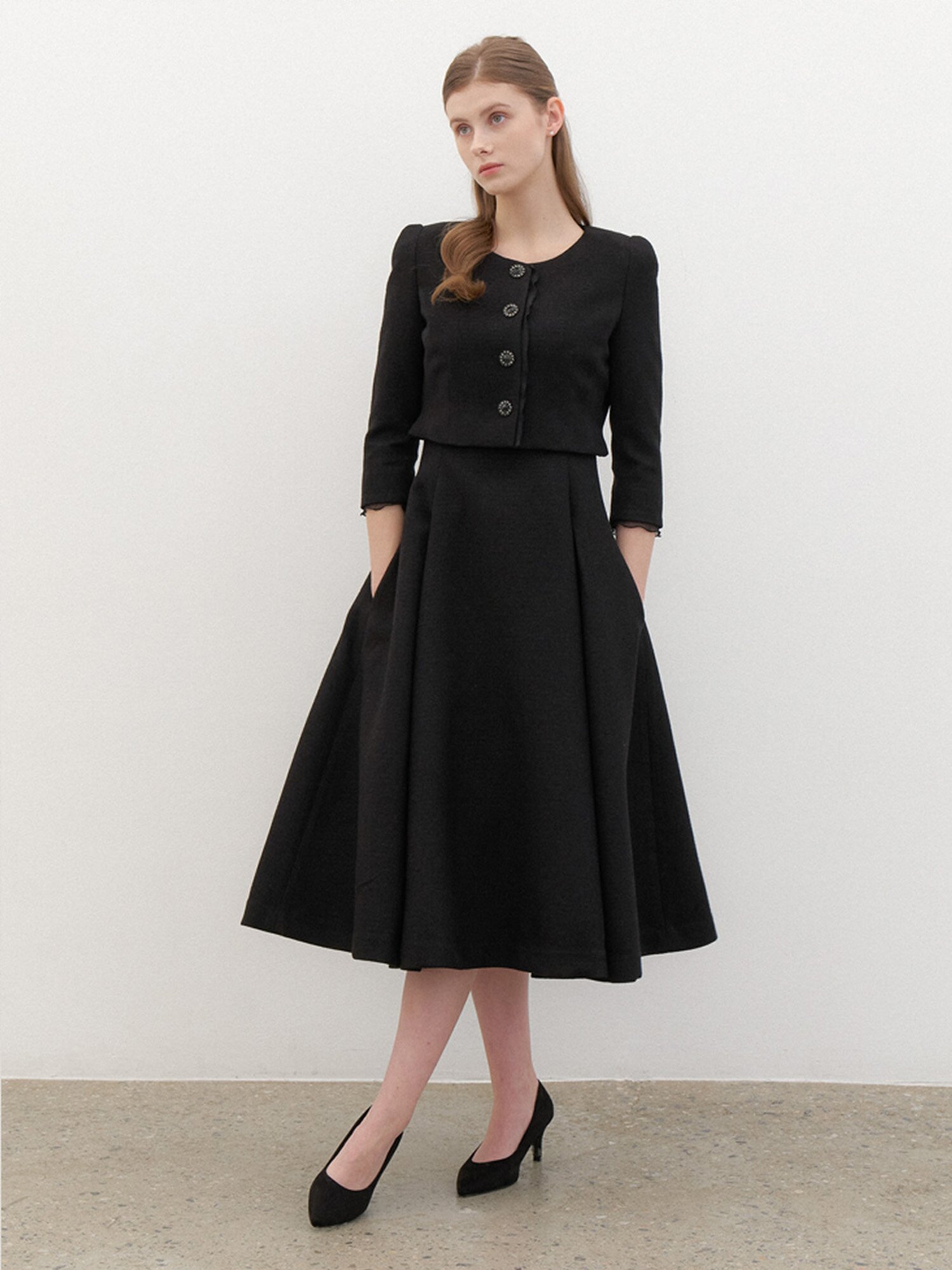 [SET] CALLA Chiffon Trimmed Jacket & Sleeveless Flare Dress / Black