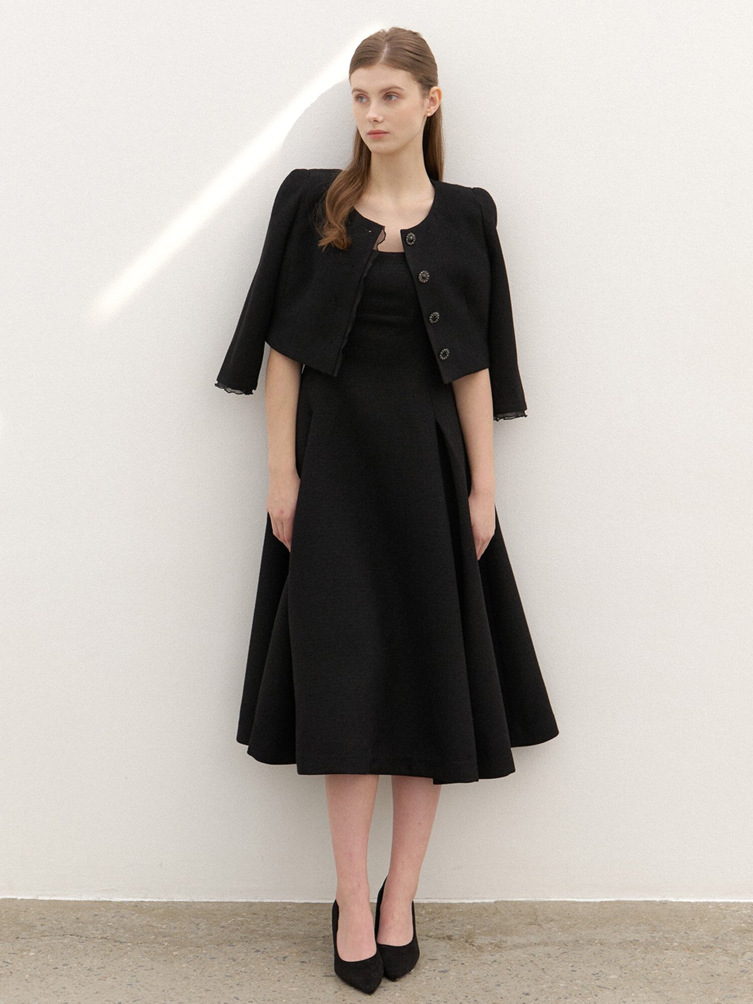 [SET] CALLA Chiffon Trimmed Jacket & Sleeveless Flare Dress / Black