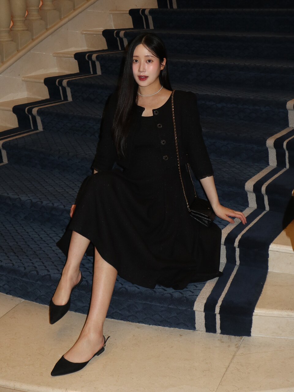 [SET] CALLA Chiffon Trimmed Jacket & Sleeveless Flare Dress / Black