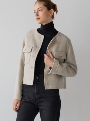 캐시미어 노카라 숏 코트 - 오트그레이
