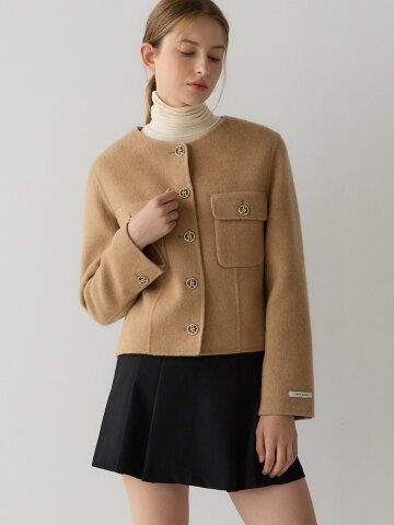 캐시미어 노카라 숏 코트 - 카멜