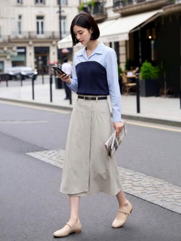 오픈칼라 니트 배색 블라우스 