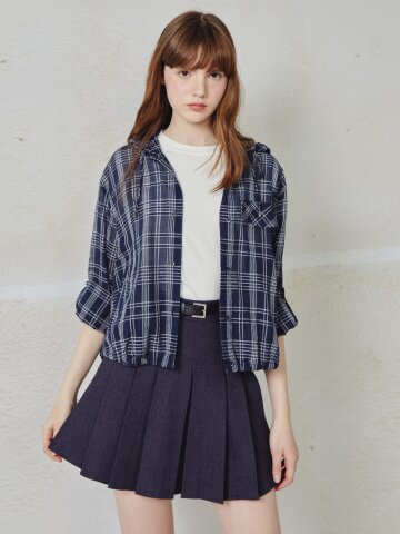 체크 후드넥 셔츠 블라우스 