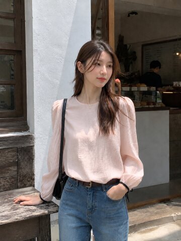 벨벳 리본 라운드넥 블라우스 