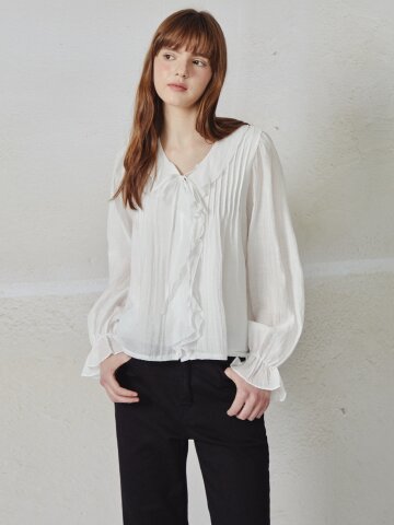 프릴넥 셔링 블라우스 