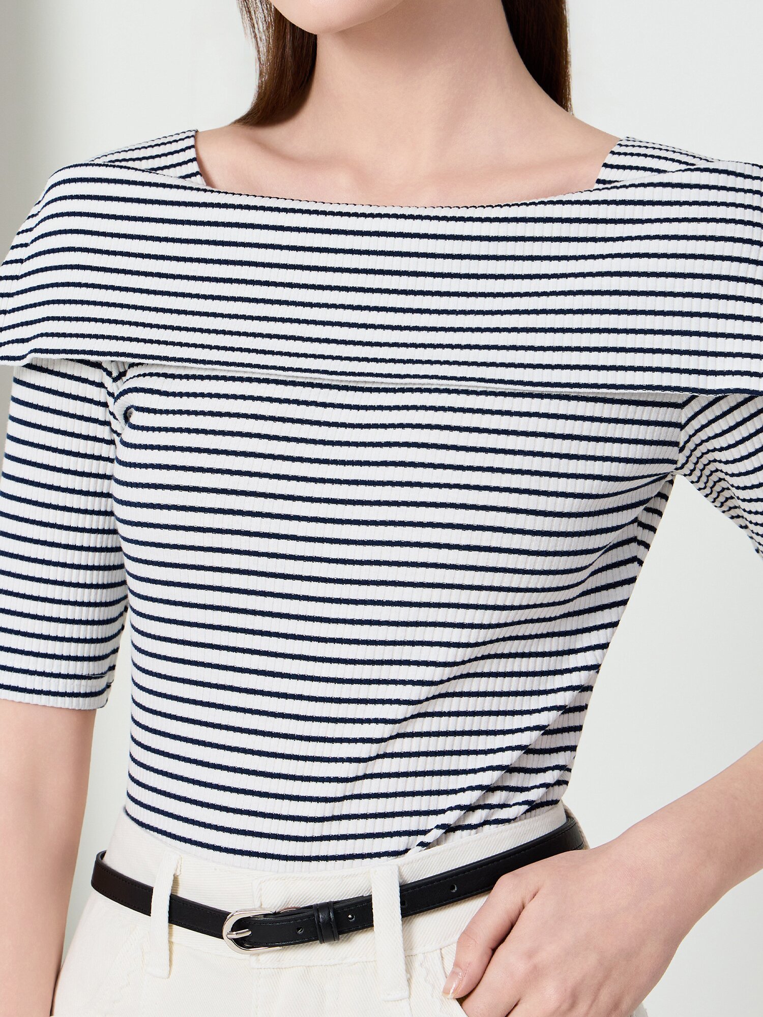 스트라이프 오프 숄더 티셔츠 (STRIPE NAVY)