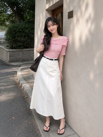스트라이프 오프 숄더 티셔츠 