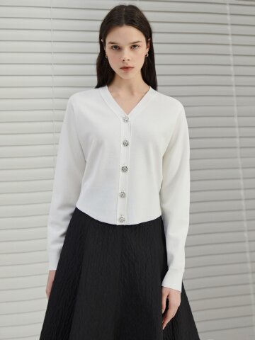 돌먼 슬리브 브이넥 크롭 가디건 