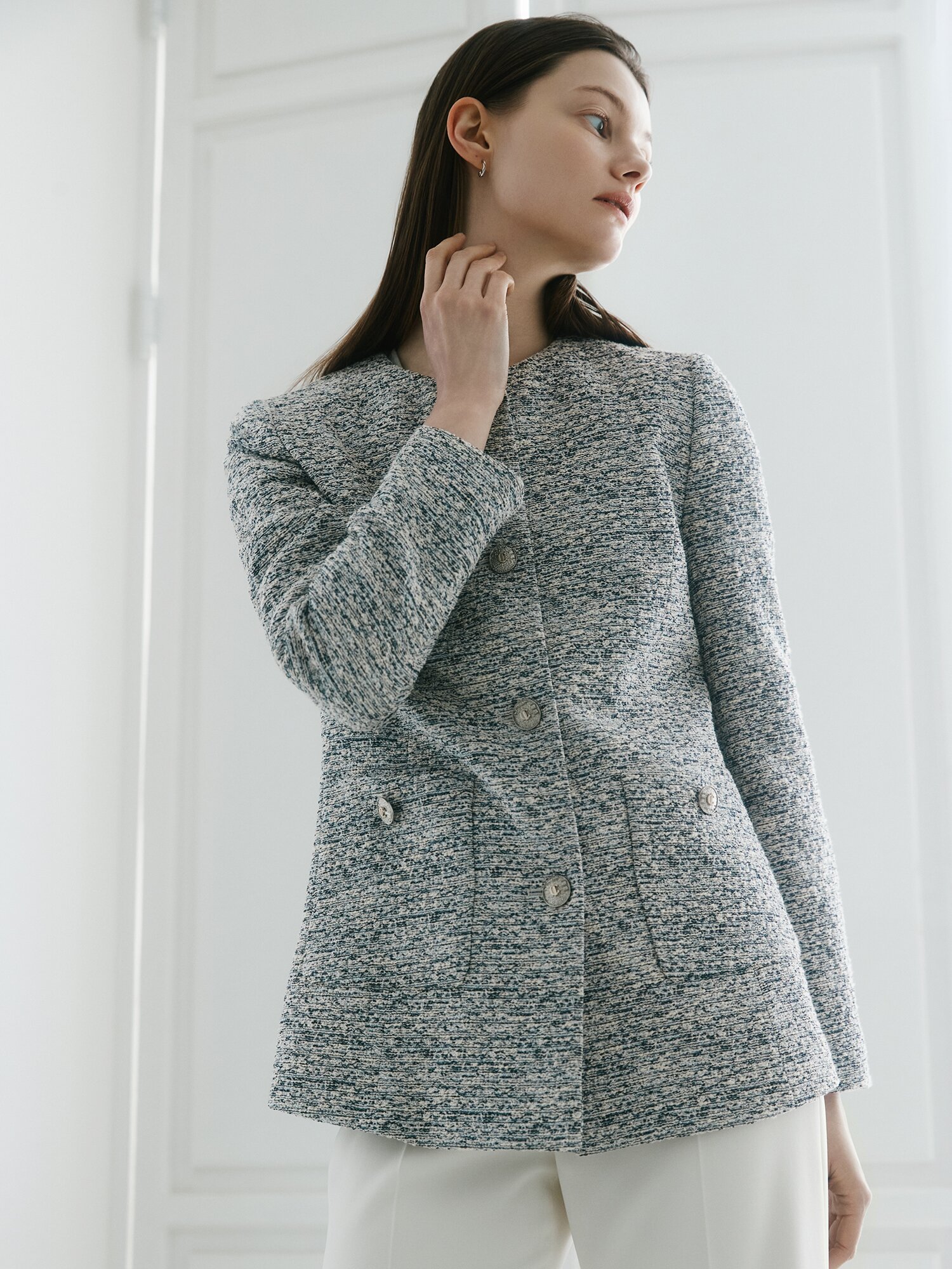 글리터 트위드 라운드넥 롱 재킷 (BLACK)