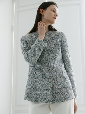 글리터 트위드 라운드넥 롱 재킷 