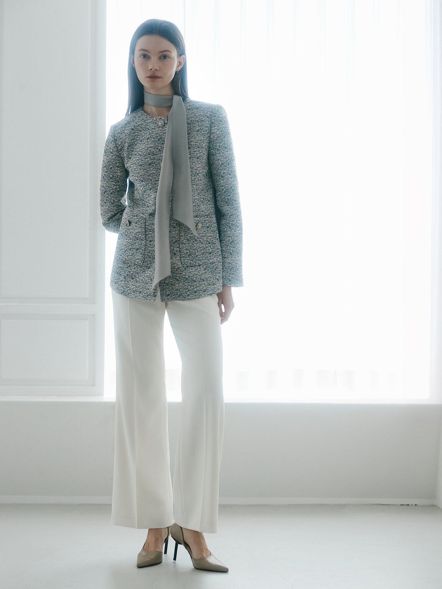 글리터 트위드 라운드넥 롱 재킷 (BLACK)