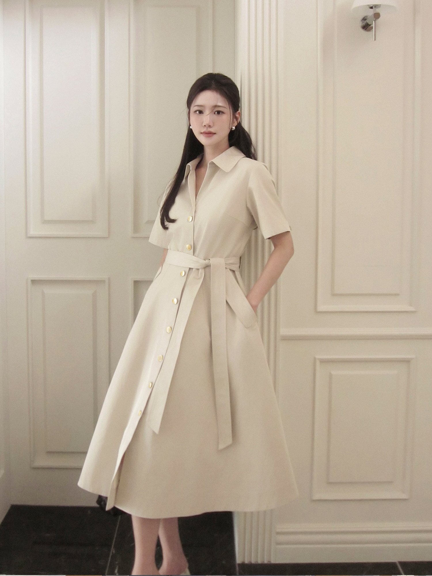 슬릿 칼라 플레어 셔츠 원피스 (LIGHT BEIGE)