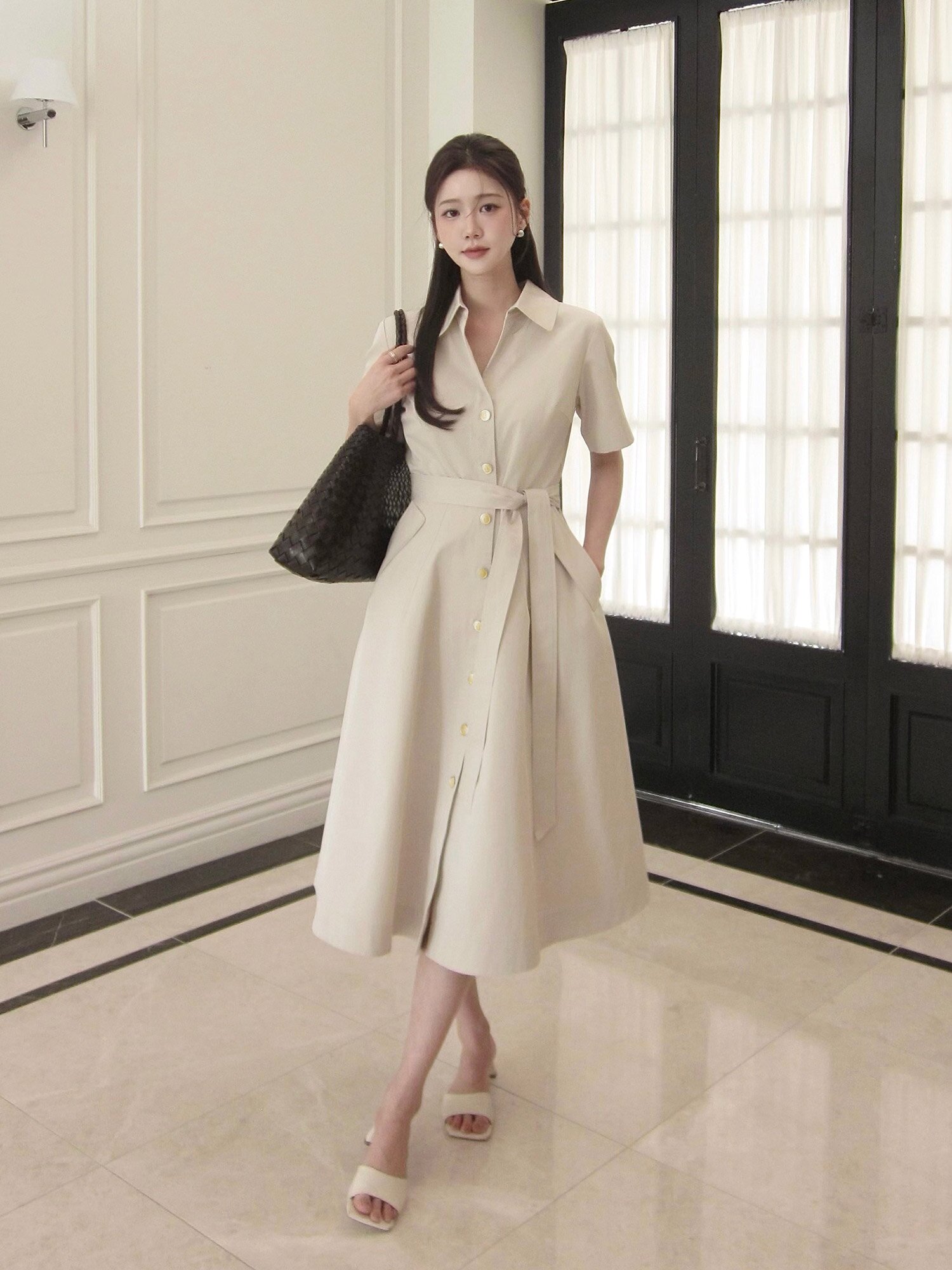 슬릿 칼라 플레어 셔츠 원피스 (LIGHT BEIGE)