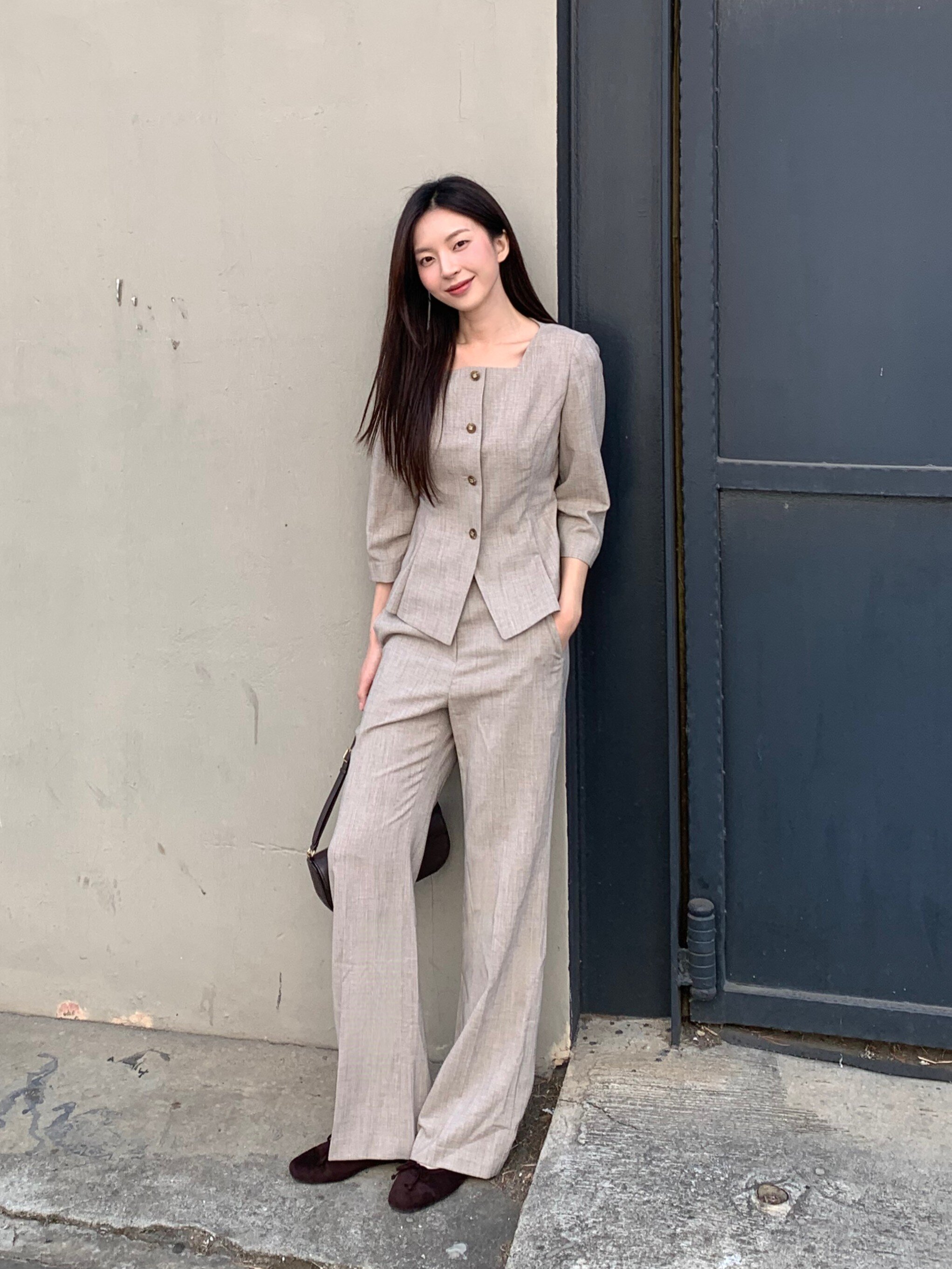 7부 스퀘어넥 페플럼 재킷 (MELANGE BEIGE)