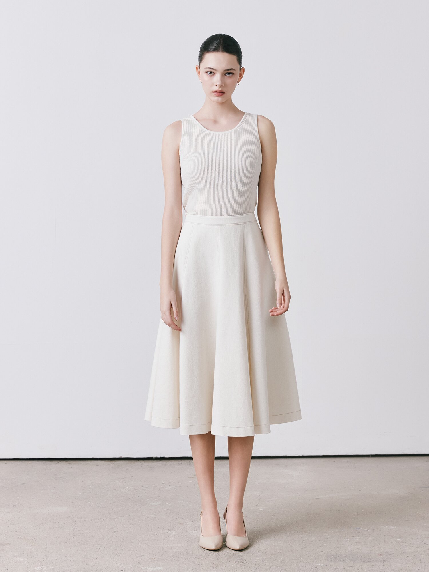 백 지퍼 플레어 데님 스커트 (IVORY)