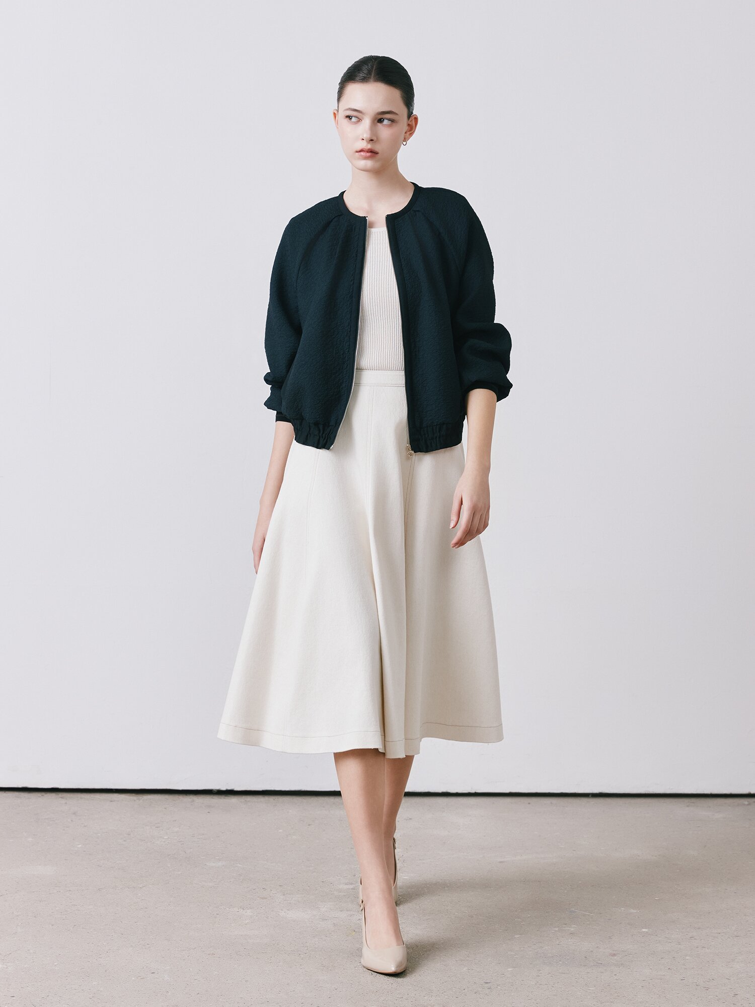 백 지퍼 플레어 데님 스커트 (IVORY)