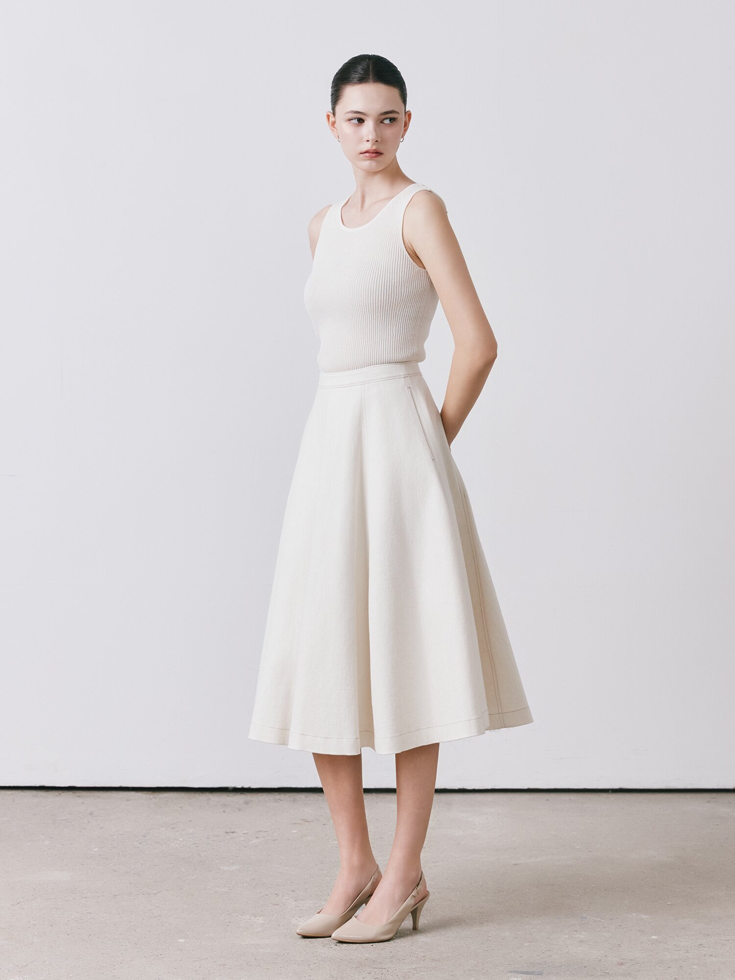 백 지퍼 플레어 데님 스커트 (IVORY)