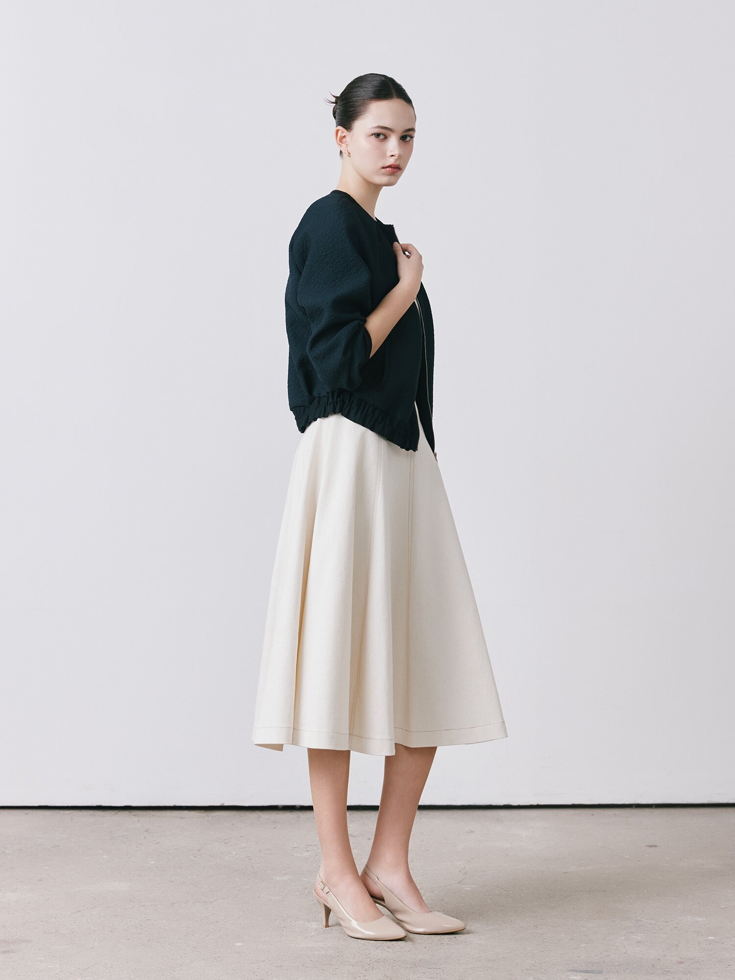 백 지퍼 플레어 데님 스커트 (IVORY)