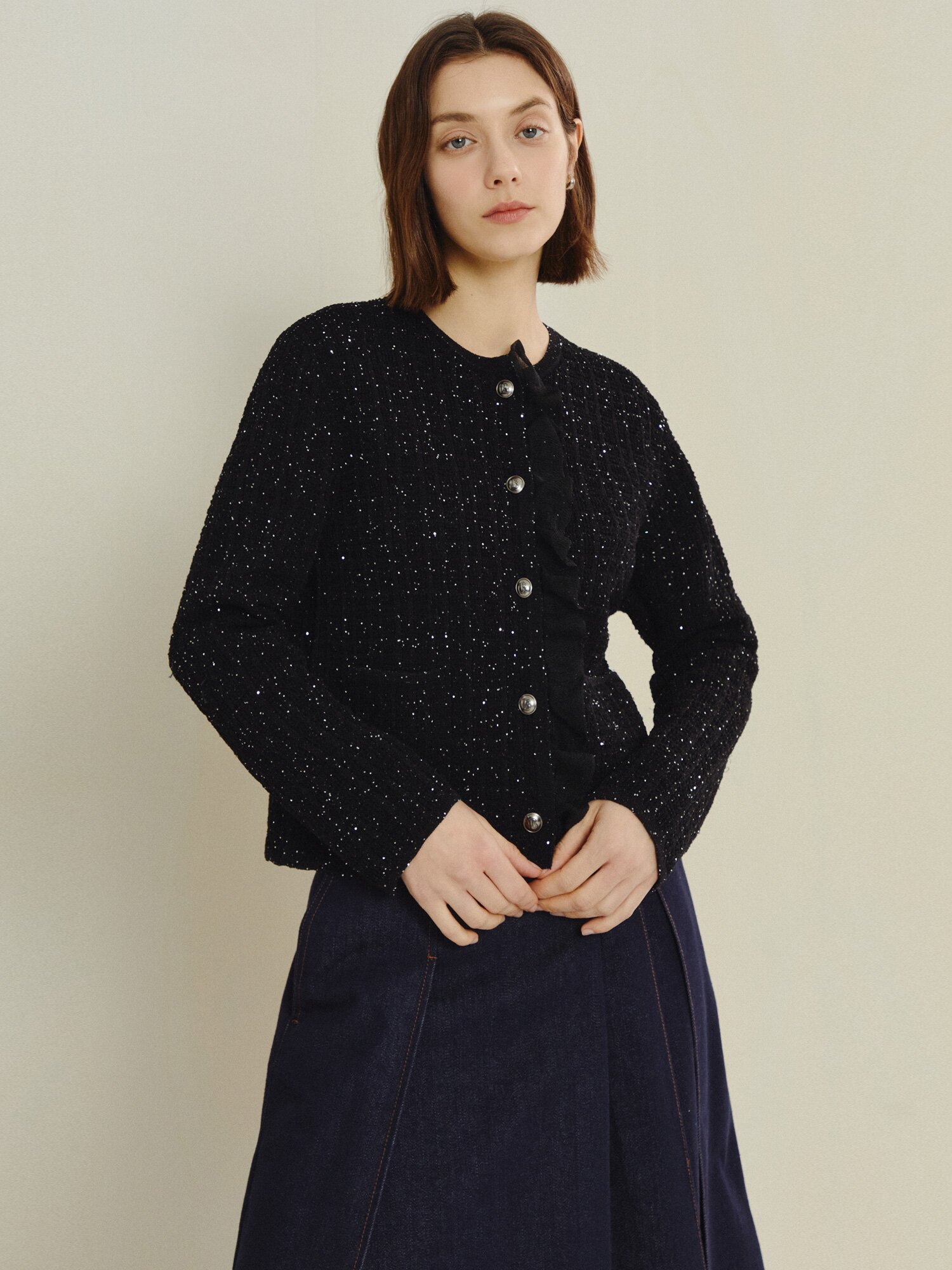 글리터 프릴 니트 카디건 (BLACK)