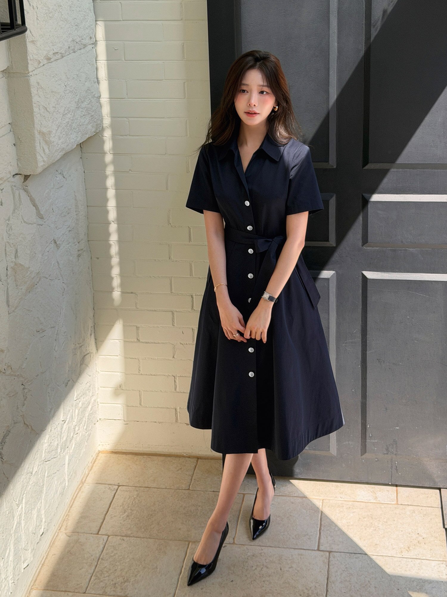 슬릿 칼라 플레어 셔츠 원피스 (NAVY)