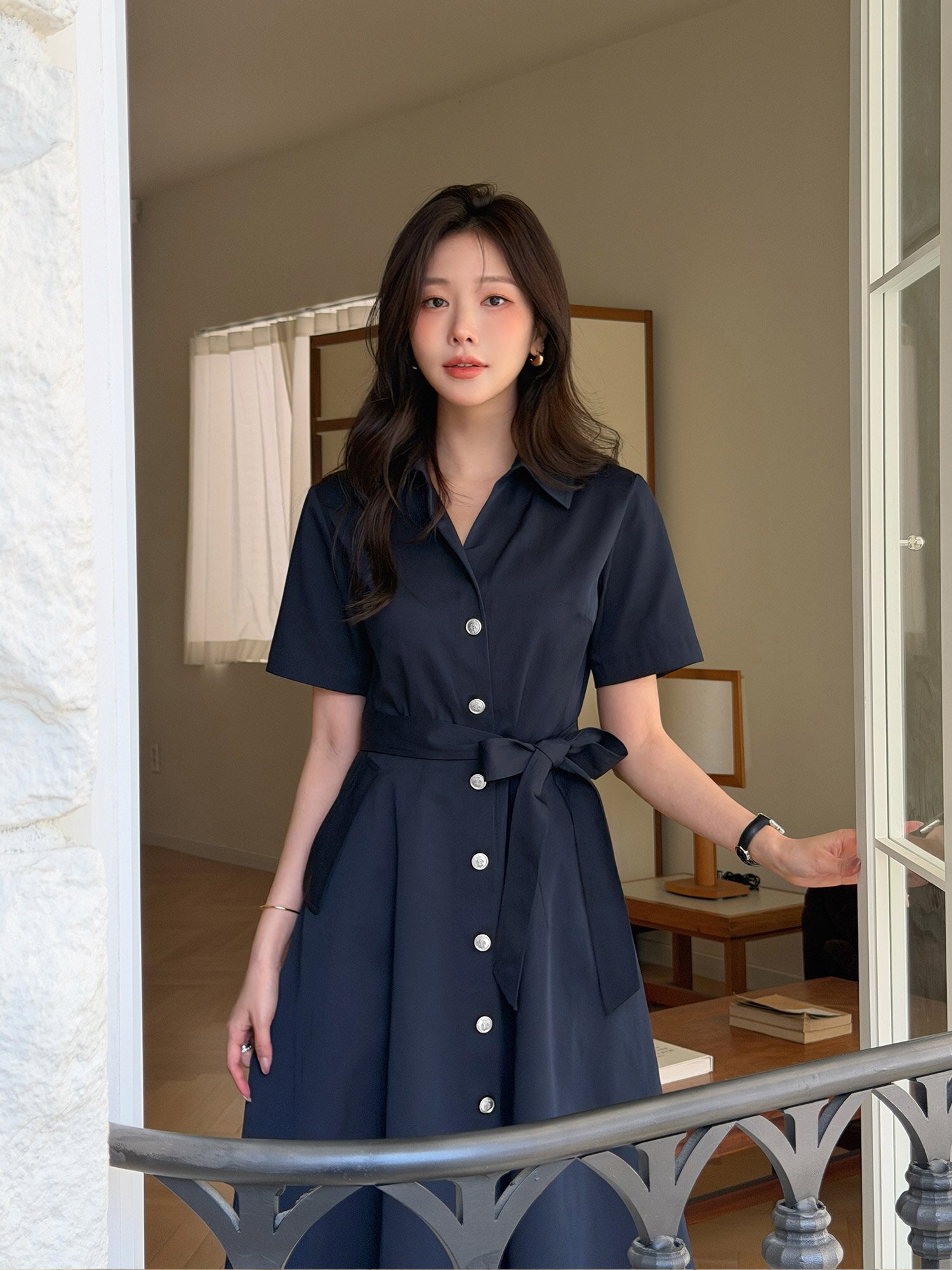 슬릿 칼라 플레어 셔츠 원피스 (NAVY)