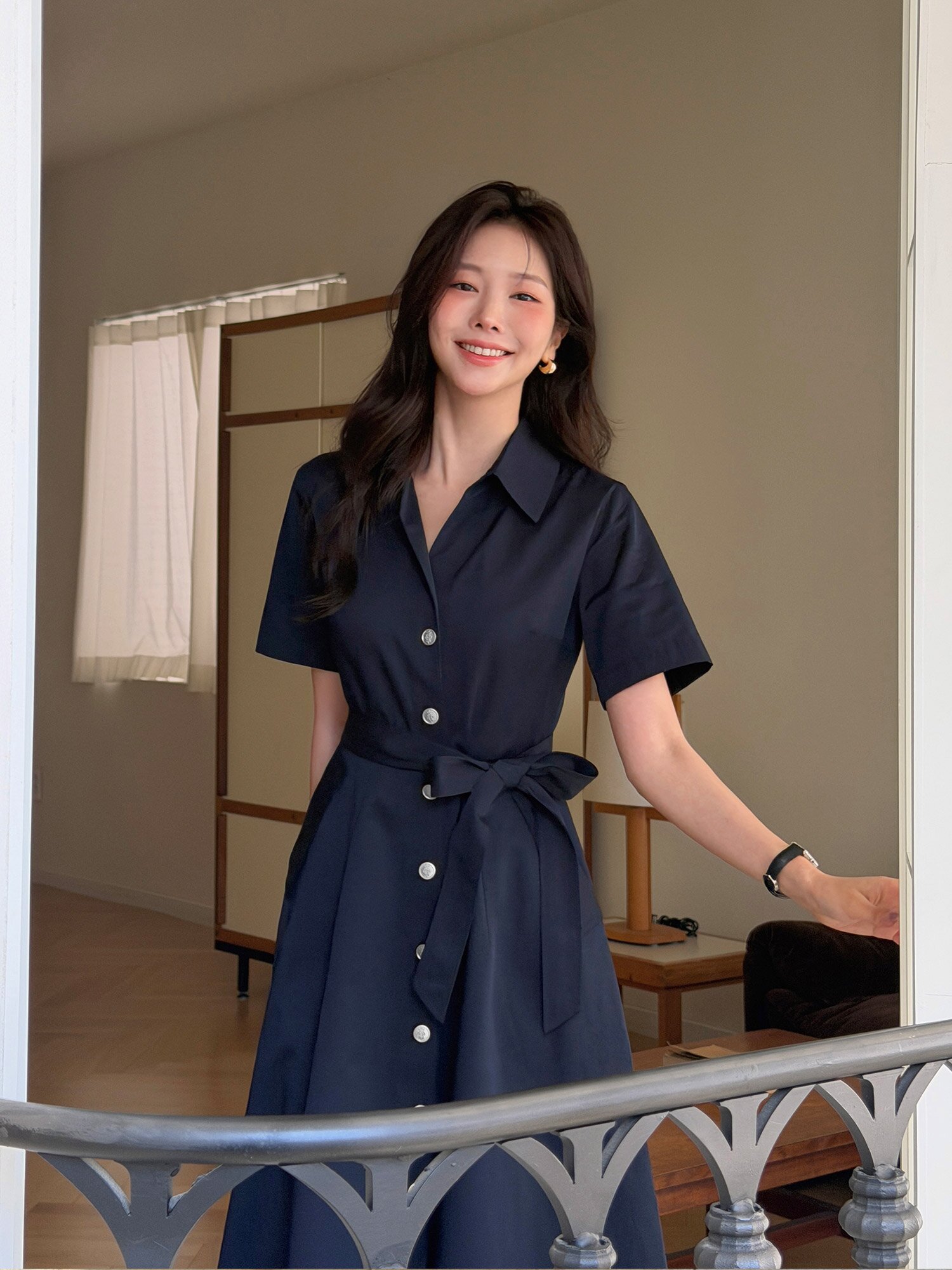 슬릿 칼라 플레어 셔츠 원피스 (NAVY)