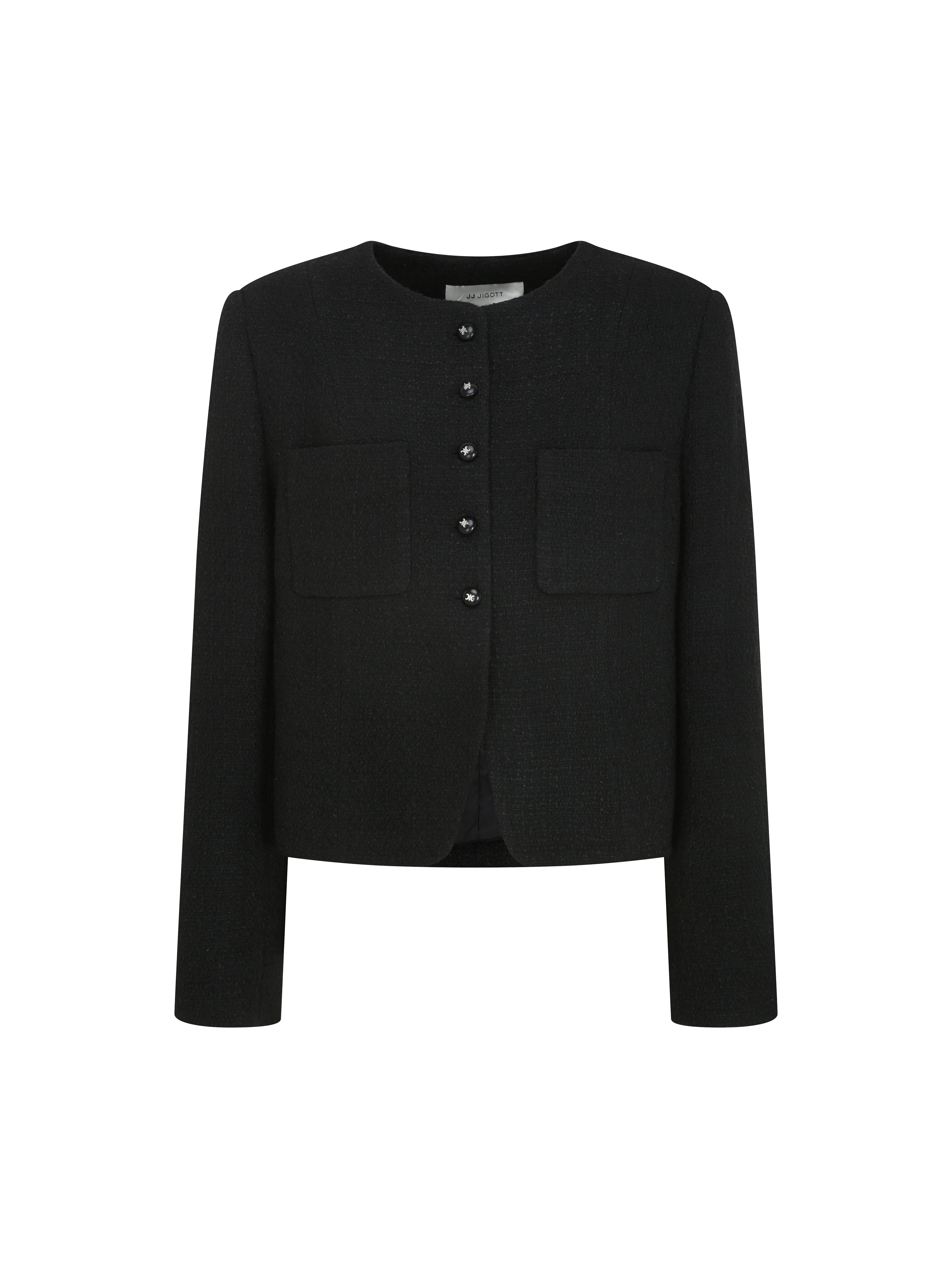 트위드 사선 헴 라운드넥 재킷 (BLACK)