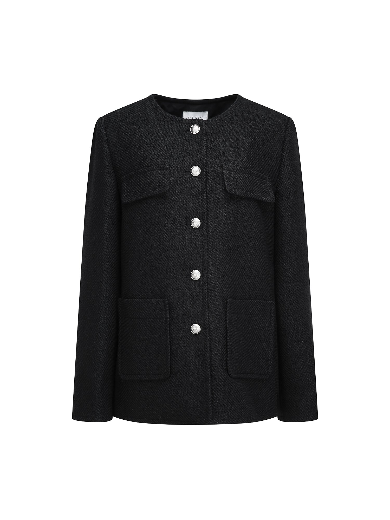 울 트위드 라운드넥 롱 재킷 (BLACK)