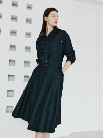 백 지퍼 플레어 데님 스커트 