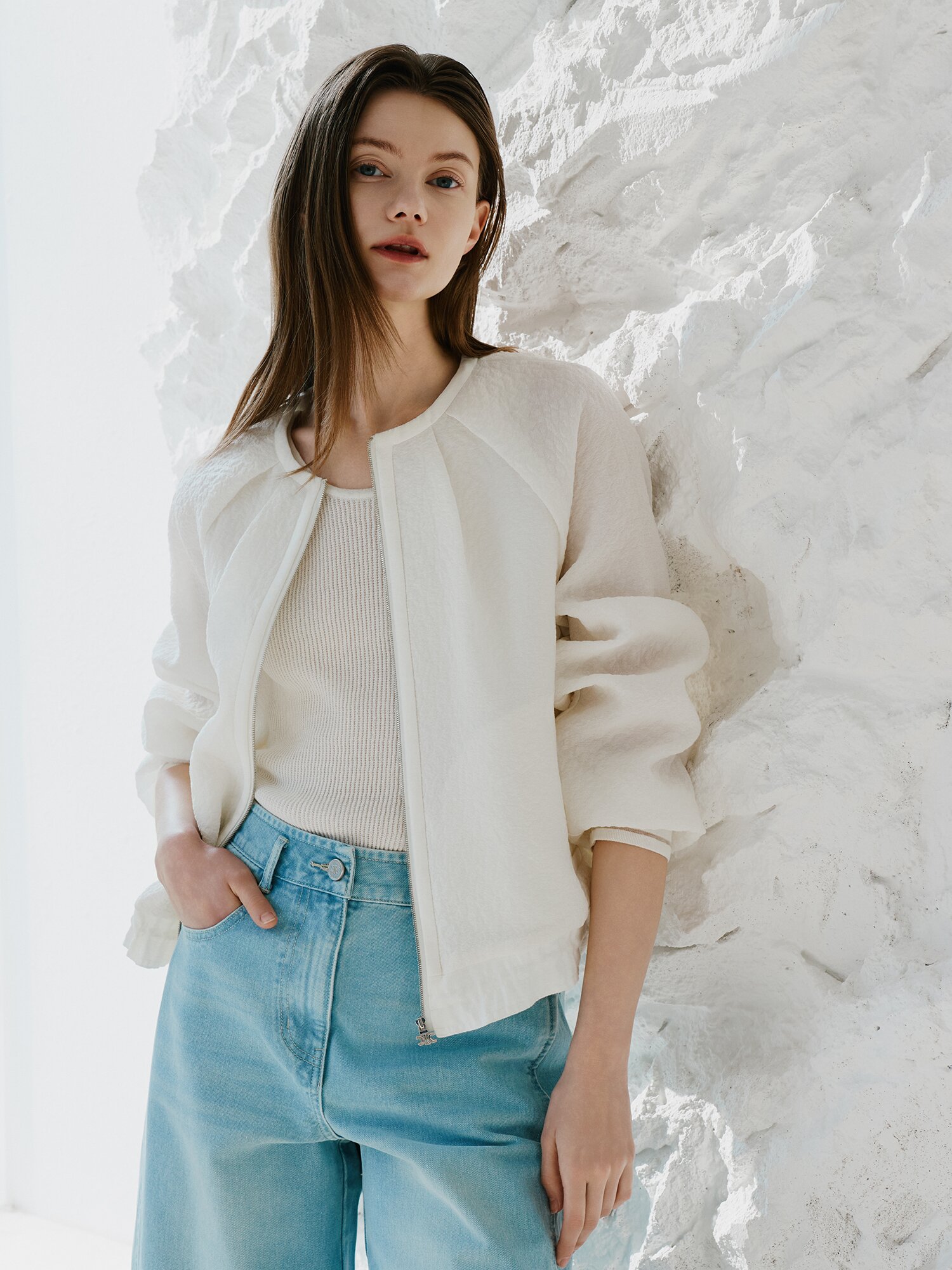 루즈핏 링클 래글런 집업 점퍼 (IVORY)