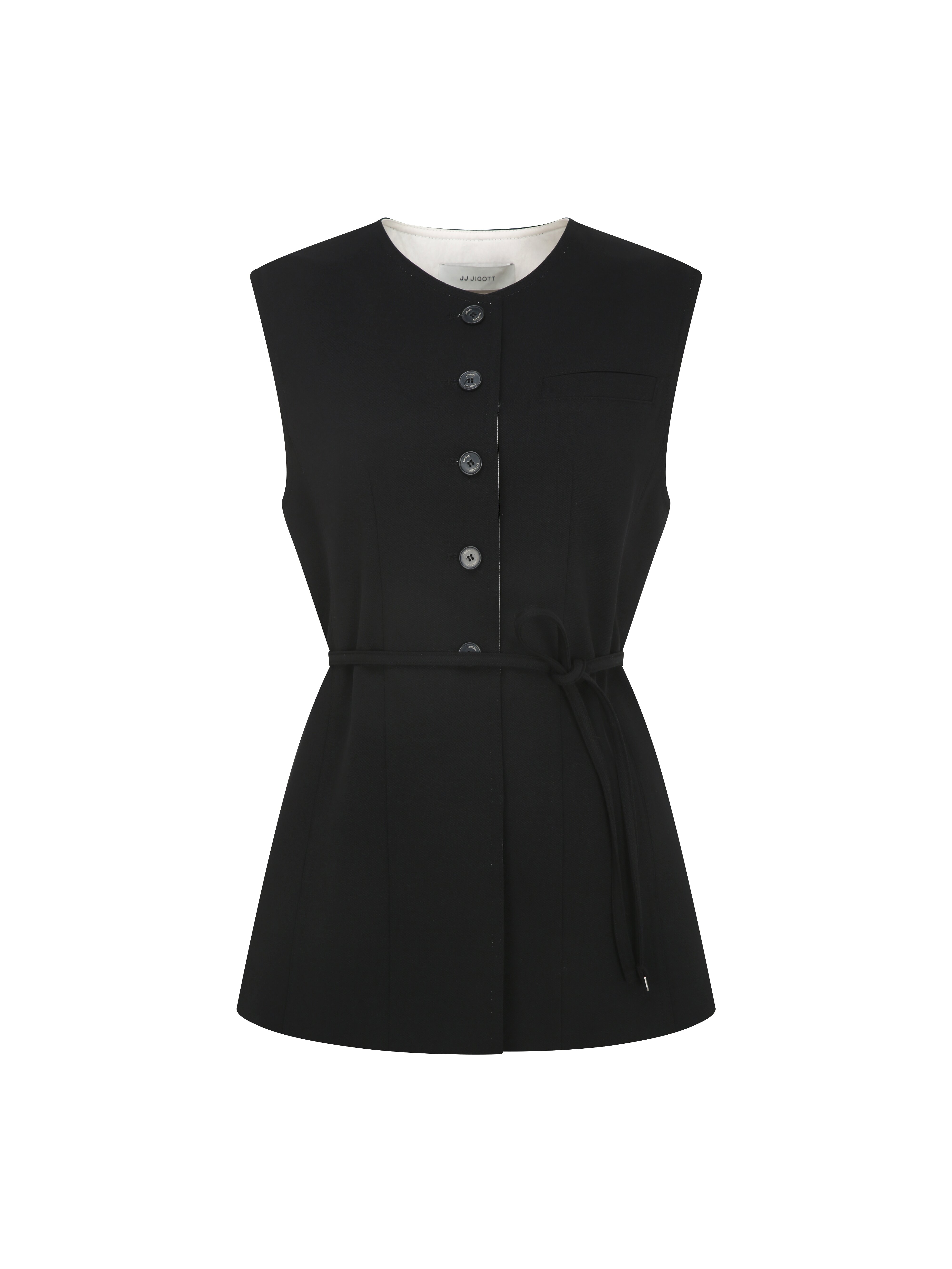 벨티드 버튼 라운드넥 롱 베스트 (BLACK)