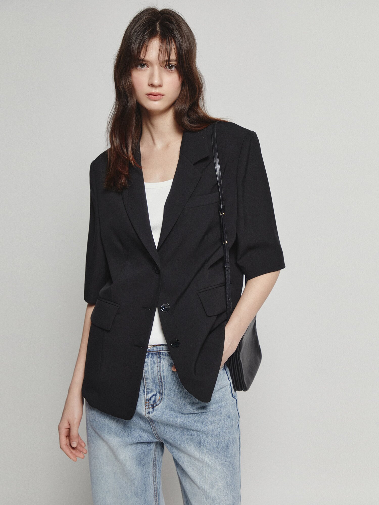 테일러드 하프 슬리브 싱글 재킷 (BLACK)